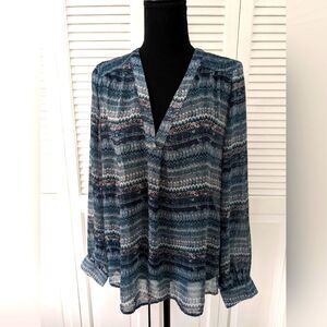Lumiere Top Womens L Striped Blue Romantic Sheer Flounce Blouse V-neck Smocked
